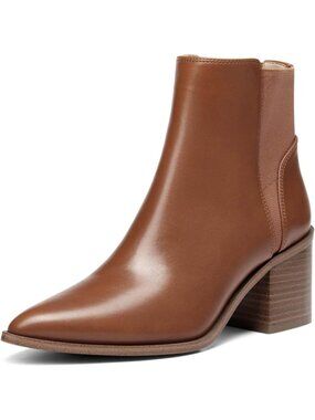 Women's Reddish-Brown Faux Leather Pointed Toe Chunky Stacked Heels Ankle Boots